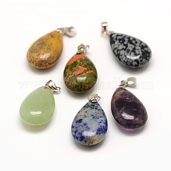 Gemstone Teardrop Pendants, with Platinum Plated Brass Findings, Mixed Color, 25x16x9mm, Hole: 3.5mm