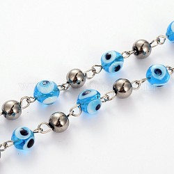 Handmade Evil Eye Lampwork Round Beads Chains for Necklaces Bracelets Making, with Electroplate Round Glass Beads and Platinum Iron Eye Pin, Unwelded, Deep Sky Blue, 39.3 inch