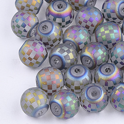 Perles en verre electroplate, perles à carreaux, mat, rond avec motif tartan, colorées, 8~8.5mm, Trou: 1.5mm