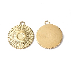 Ion Plating(IP) 304 Stainless Steel Pendant Cabochon Settings, Flat Round with Sun Charm, Real 18K Gold Plated, Tray: 4mm, 18.5x16.5x1.8mm, Hole: 1.6mm