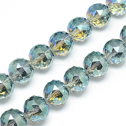Fili di perle di vetro placcato, arcobaleno placcato, sfaccettato, tondo, turchese pallido, 15~16x16mm, Foro: 2 mm, circa 50pcs/filo, 30 pollice