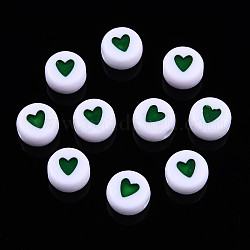 Perles acryliques opaques, avec l'émail, plat et circulaire avec coeur, vert foncé, 7x3.5mm, Trou: 1.2mm, environ 3600~3700 pcs/500 g