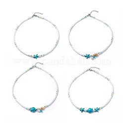 4Pcs 4 Style Natural Pearl & Shell & Dyed Synthetic Turquoise Beaded Necklaces Set, Gemstone Starfish & Tortoise Ocean Theme Necklaces for Women, Stainless Steel Color, 16.14 inch(41cm), 1Pc/style