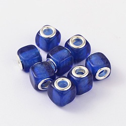 Cube Sapphire Tone Handmade Lampwork Large Hole European Beads, with Silver Color Brass Core, about 11~13mm wide and long, hole: 4~5mm