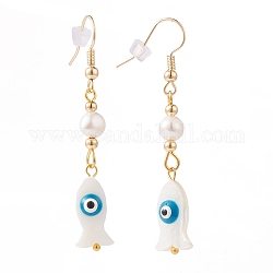 Fish with Evil Eye Dangle Earrings, with Natural Freshwater Shell Beads, Pearl Beads, Plastic Ear Nuts and Golden Plated Brass Earring Hooks, Dodger Blue, 54mm, Pin: 0.7mm