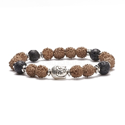 Braccialetto di perle di mala, Bracciale elasticizzato con perline in legno naturale di rudraksha e roccia lavica e lega di buddha per uomo donna, cammello, diametro interno: 2-1/8 pollice (5.4 cm)