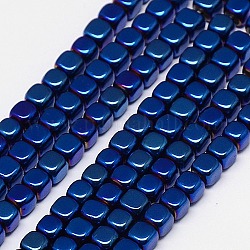 Electroplate Non-magnetic Synthetic Hematite Beads Strands, Cube, Grade A, Blue Plated, 4x4x4mm, Hole: 1mm, about 100pcs/strand, 16 inch