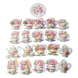 20 Stück romantische Blumen-Teetasse und Kanne PVC selbstklebende wasserdichte dekorative Aufkleber, für diy scrapbooking, Licht Korallen, 70~83x70~75x0.2 mm