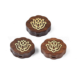 Perles de bois de rose naturel non teintées, avec des tranches de laiton brut (non plaqué), forme de lotus, selle marron, 17x13.5x6.5mm, Trou: 1.6mm
