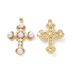 Pendentifs en plastique imitation perle, avec les accessoires en laiton, breloque croix, véritable 18k plaqué or, 40.5x30x7mm, Trou: 3.5x5mm