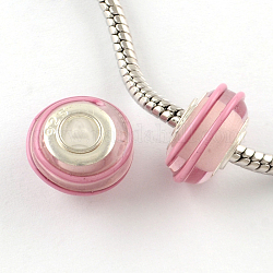 Handmade Lampwork European Rondelle Beads, with Silver Tone Brass Cores, Large Hole Beads, Pink, 14~15x8mm, Hole: 4.5mm