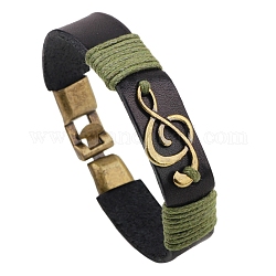 Bracelet à maillons en alliage avec notes de musique et cordons en cuir, pour les hommes, vert olive, 7-1/8~8-5/8 pouce (18~22 cm)
