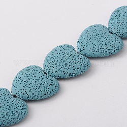 Brins de perles de roche de lave synthétique, cœur, teinte, bleu clair, 27~30x28~30x8~10mm, Trou: 1mm, Environ 15 pcs/chapelet, 15.3 pouce