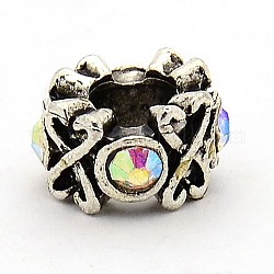 Vintage Alloy Rhinestone European Beads, Large Hole Rondelle Beads, Antique Silver, Crystal AB, 10.5x6.5mm, Hole: 6mm