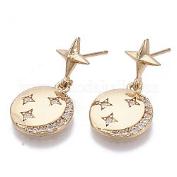Brass Micro Pave Clear Cubic Zirconia Dangle Stud Earrings, Nickel Free, Flat Round with Star & Moon, Real 18K Gold Plated, 25mm, Pin: 0.8mm