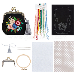 WADORN DIY Coin Purse Embroidery Kit, Kiss Clasp Clutch Embroidery Making Kit Flower Pattern Handmade Cross Stitch Bag Making All Material Vintage Small Wallet Sewing Needlepoint Kit, 3.2x3.3 Inch
