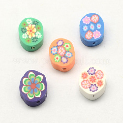 Handmade Polymer Clay Flat Oval with Flower Beads, Mixed Color, 17x13~14x6mm, Hole: 2mm