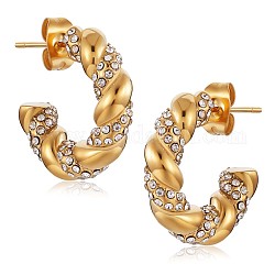 Clear Cubic Zirconia Twist Rope C-shape Stud Earrings, 430 Stainless Steel Half Hoop Earrings for Women, Golden, 19x4mm, Pin: 1mm