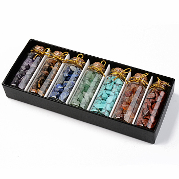 Mini Glass Wishing Bottles, with Gemstone Chip Beads inside, for Home Decoration, 5~15x3~7x2~6mm, Bottle: 65x24mm, 7bottle/box