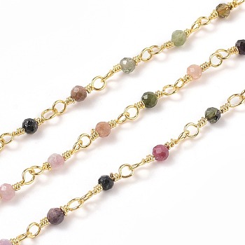 3.28 Feet Natural Tourmaline Handmade Beaded Chains, with Brass Findings, Golden, Unwelded, Round, Faceted, 12x1~1.25mm, Bead: 2.5mm