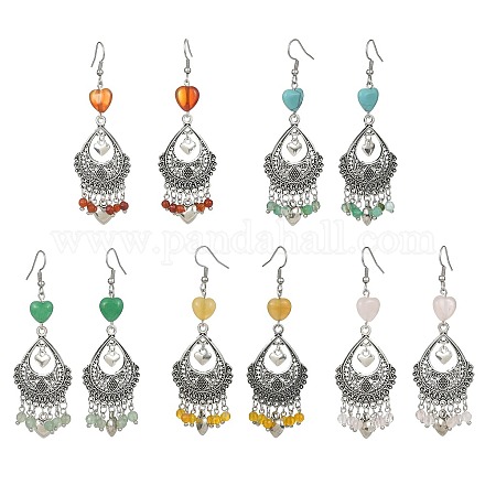 Natural & Synthetic Mixed Gemstone Heart Chandelier Earrings EJEW-JE05364-1