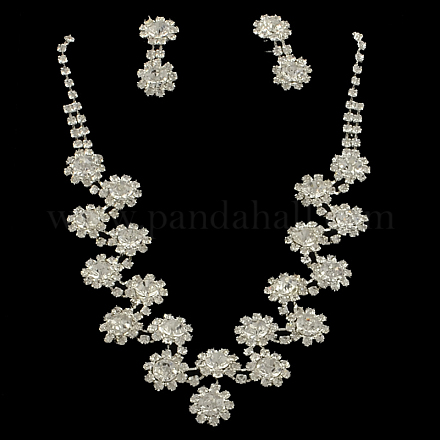 Fashionable Wedding Flower Rhinestone Necklace and Stud Earring Jewelry Sets SJEW-R046-01-1