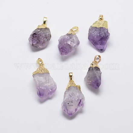 Natural Amethyst Nuggets Golden Plated Pendants G-P077-36-1