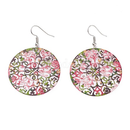 Spray Painted Stainless Steel Flat Round with Flower Dangle Earrings EJEW-I256-13P-1
