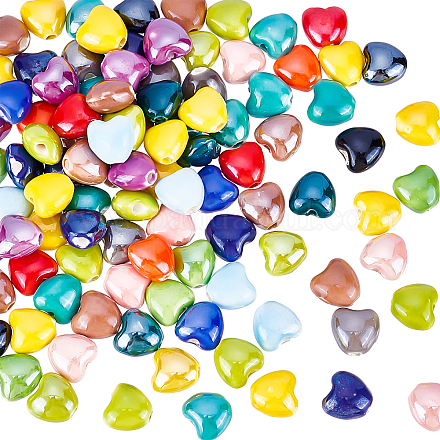 Superfindings 100 pièces 10mm perles en porcelaine faites à la main perles en céramique de coeur perles en céramique perles d'espacement pour la fabrication de bijoux à bricoler soi-même FIND-FH0005-07-1
