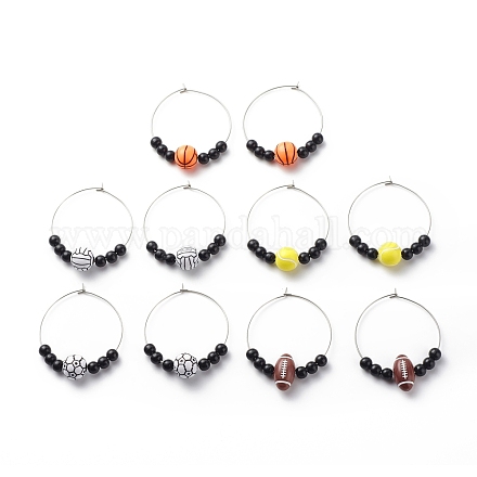 Boucles d'oreilles créoles à perles rondes en acrylique sur le thème du sport EJEW-JE04977-1
