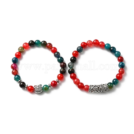 Natural Agate Stretch Bracelets Set with Alloy Owl Beaded ANIM-PW0003-027C-1