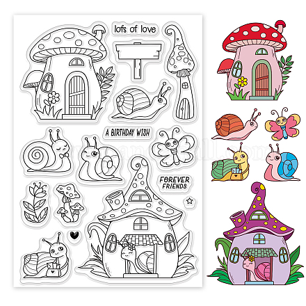 GLOBLELAND Fairy Tale Snail Clear Stamps Mushroom House Butterfly Flowers Clear Stamp Seals for Cards Making DIY Scrapbooking Photo Journal Album Decoration DIY-WH0167-56-862-1