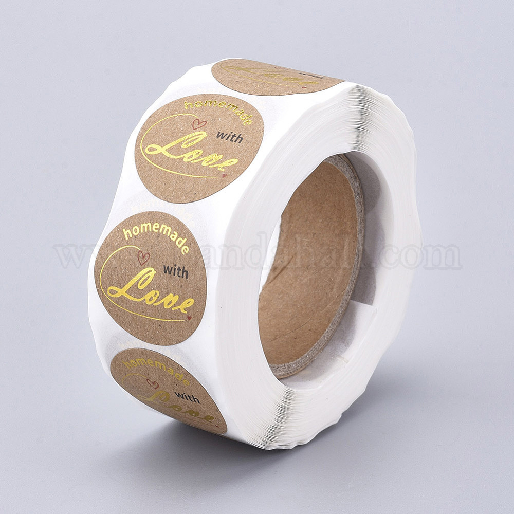 Rollo De 500 Pegatinas Redondas De Papel Kraft - "Handmade With Love", Diámetro 2.5 Cm, Para Regalos Y Manualidades