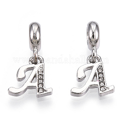 Abalorios colgantes europeos de rhinestone de aleación chapada en bastidor de platino, Grandes colgantes agujero, carta, sin plomo y cadmio, letter.a, 23~27mm, agujero: 4.5 mm, colgantes: 13~16.5x6~14x2 mm, agujero: 2 mm