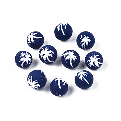 Perline polimero argilla fatto a mano, tondo con albero di cocco, blu notte, 9~10x9~10mm, Foro: 1.2 mm