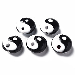 Perline murano fatto a mano, Piatto rotondo con tai ji, nero, 16x8~9mm, Foro: 1.5 mm