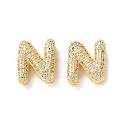 Colgantes deslizantes de circonio cúbico micro pavé de latón chapado en rack, Plateado de larga duración, sin plomo y el cadmio, real 18k chapado en oro, carta, letra n, 14x11.5x4.7mm, agujero: 10.5x1.7 mm