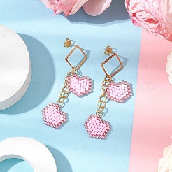 Boucles d'oreilles à tige en forme de cœur avec perles de verre faites à la main&nbsp;EJEW-MZ00279