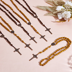 6 pièce 2 couleurs alliage religion crucifix croix pendentif bois riz perles chapelet perles colliers&nbsp;NJEW-GO0001-07