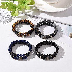 Set di 2 braccialetti elastici in pietra mista naturale e ottone con zirconi cubici per donna uomo&nbsp;BJEW-JB08942
