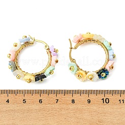 201 orecchini a cerchio con fiore e perline in acciaio inossidabile e resina&nbsp;EJEW-JE07175-01