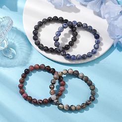 4 Stück Konstellation 8 mm rund natürliche Larvikit & blau gefleckter Jaspis & Rhodonit & Picasso-Jaspis Perlen Stretch-Armbänder für Frauen&nbsp;BJEW-JB10639