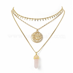 3 pièces 3 style naturel rose quartz balle et alliage soleil pendentif colliers sertis de chaînes gourmettes en laiton pour les femmes&nbsp;NJEW-JN04170