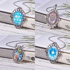 Tibetische Stil Legierung Anhänger Cabochon Fassungen und Mosaik gedruckt Glas Oval Cabochons&nbsp;TIBEP-PH0004-34AS