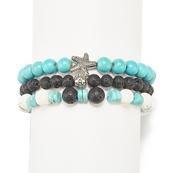 3 pièces 3 bracelets extensibles en perles de pierres précieuses mélangées naturelles et synthétiques de style serti d'étoiles de mer en alliage pour les femmes&nbsp;BJEW-JB08185