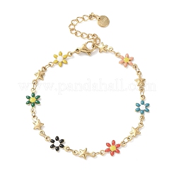 Pulseras de eslabones de acero inoxidable 304 con flores y estrellas para mujer&nbsp;BJEW-F524-06B-G