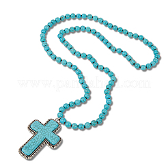 Lega pavé tinto sintetico turchese croce pendente 8mm perline rotonde collane per le donne&nbsp;NJEW-WH20816-005AS