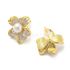 Orecchini a bottone a fiore con zirconi cubici e perla naturale&nbsp;EJEW-Z020-05G