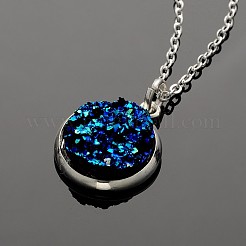 Colliers pendentif en résine druzy plat en laiton plaqué couleur argent&nbsp;NJEW-JN01163
