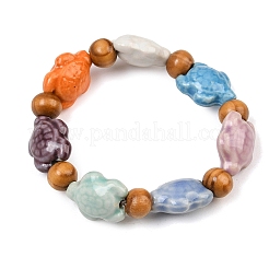 Braccialetti elasticizzati con perline rotonde in legno e porcellana fatta a mano con tartaruga da spiaggia&nbsp;BJEW-JB10299-02